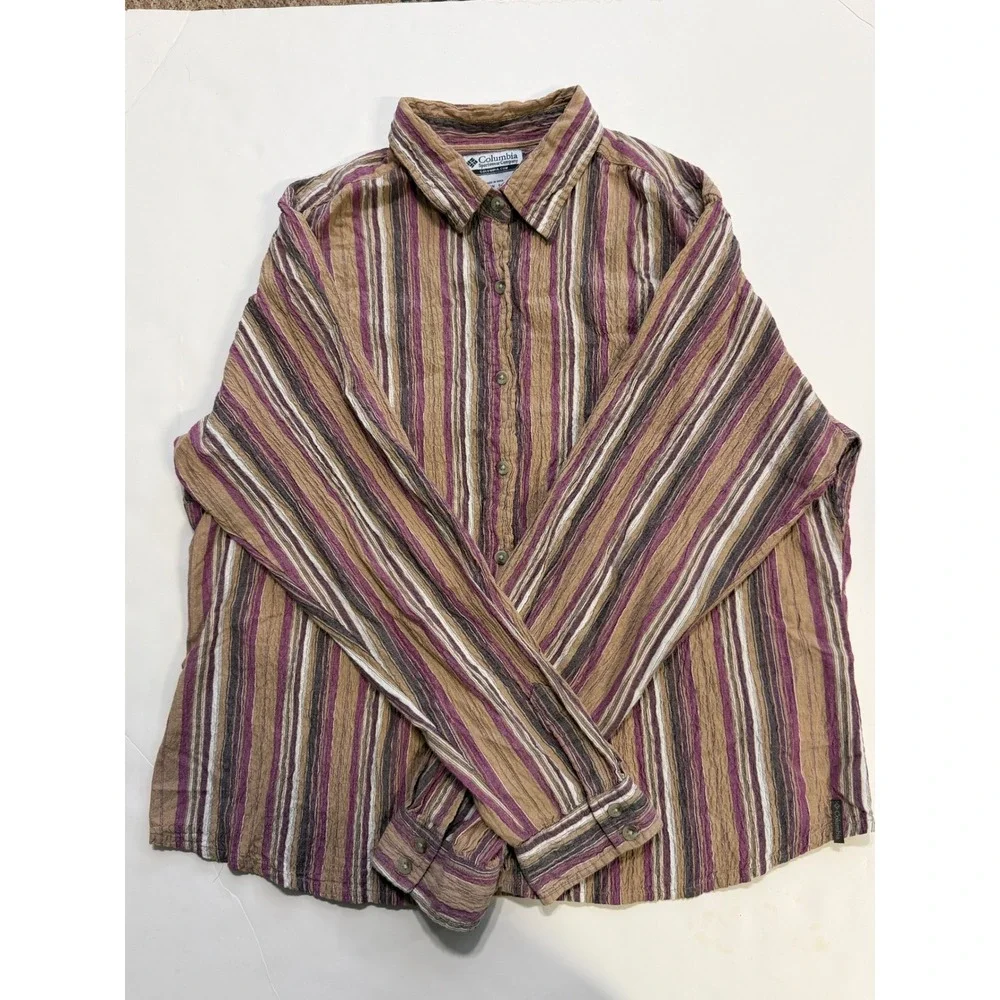 Columbia Womens XL AL7211 Striped Long Sleev Button Down Shirt Purple Tan Cotton